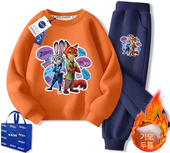 주토피아 맨투맨 티셔츠 주디 추리닝 동물 캐릭터 세트 상하복 기모 바지 겨울, 조합형 오렌지+다크네이비