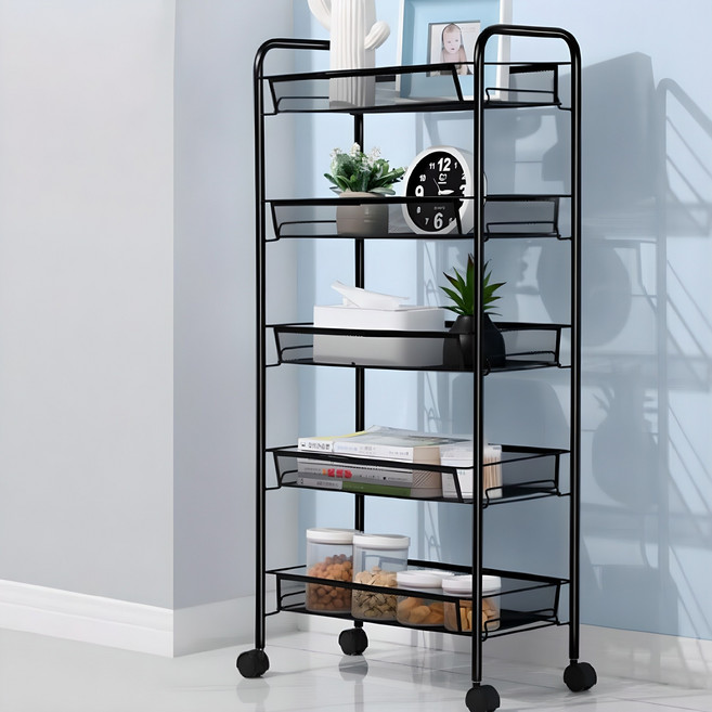 마켓플랜 라이트 메쉬 철제 트롤리 45 x 27 x 103 cm, 블랙, 5단