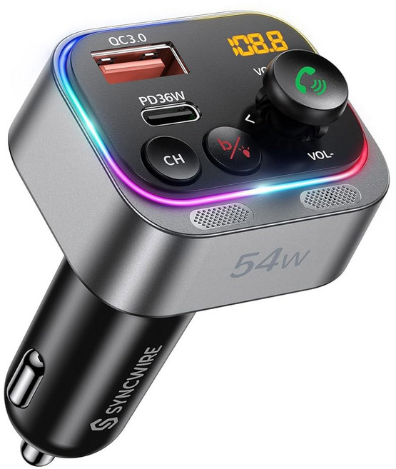 Syncwire Bluetooth 5 4 FM 송신기 자동차 어댑터 48W PD 36W 및 12W [라이트 스위치] [하이파이 베이스 사운드] [빠른 충전] 무선 라디오 음악 LE, Silver