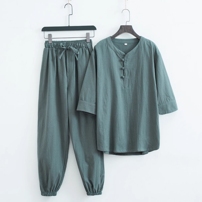 ORZQU 여름 중년 남자 캐주얼 루즈핏 5부 소매 상의 허리밴딩 면마 조거 팬츠 투피스