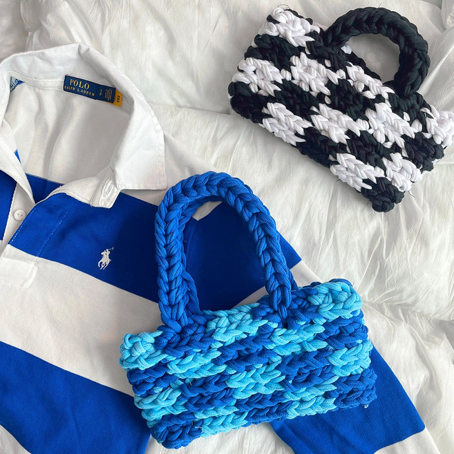 양말목 체커보드 체크 바게트 네트 백 손 뜨개 토트 가방 핑거니팅 DIY 키트, 블랙&화이트, 1개