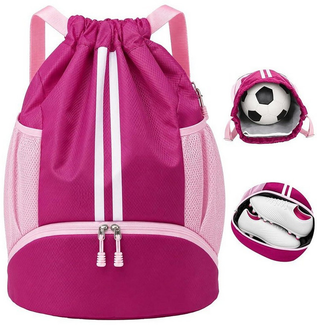 JELUTAR Soccer Bag Soccer Backpack with Shoe Compartment Water Resistant Drawstring Backpack Spo, Rose Pink