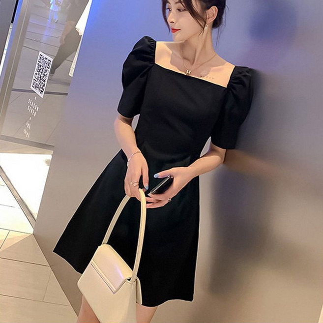 여성스런 퍼프 벌룬소매 파티패션 블랙 미니 원피스 원피스 미니 여성 블랙 여름 번룬 예쁜 여자 반팔 dew+334oH