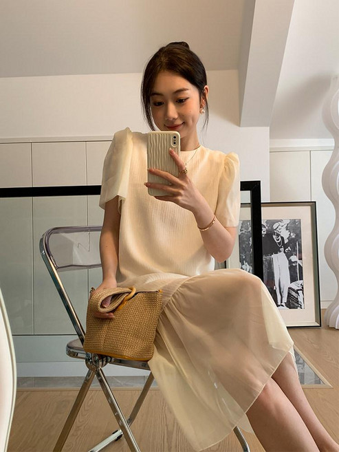 미소샵 오간자원피스 민소매 여름 모임룩 시스루, 살구베이지
