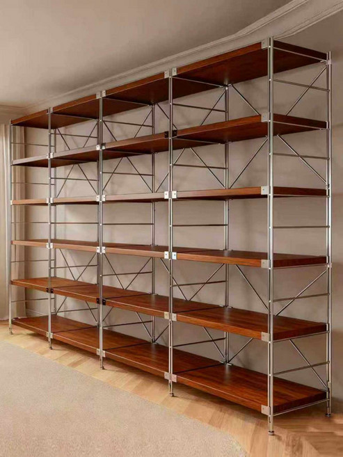 2단 조립식 다용도 수납선반 거실 주방 발코니 모듈가구 철제 진열대, 1단, 4층 110cm 높이 호두나무색