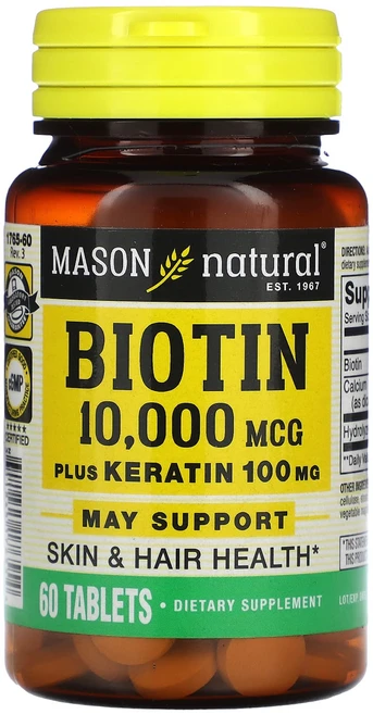 Mason Natural 비오틴 + 케라틴 10000mcg 60정, 1개 - 쿠팡