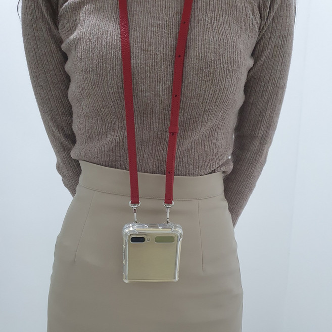 본아띠 갤럭시 Z플립4 3 2 1 천연소가죽 목걸이 크로스 줄 투명 핸드폰케이스