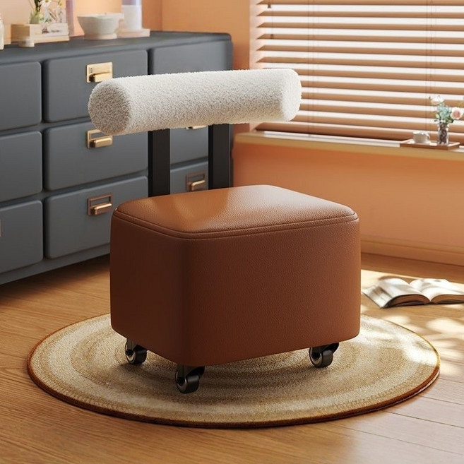 WHH 이동식 스툴 가죽 등받이 현관 바퀴 의자, 1개, 브라운