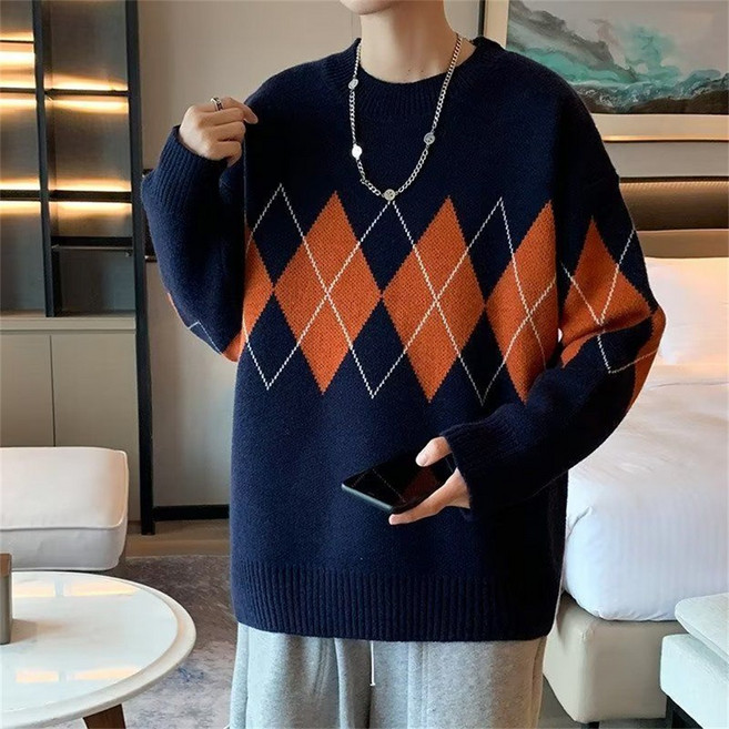 TKX 남성 캐주얼 오버사이즈 아가일 패턴 니트 스웨터 가을 겨울 따뜻한 라운드넥 K51
