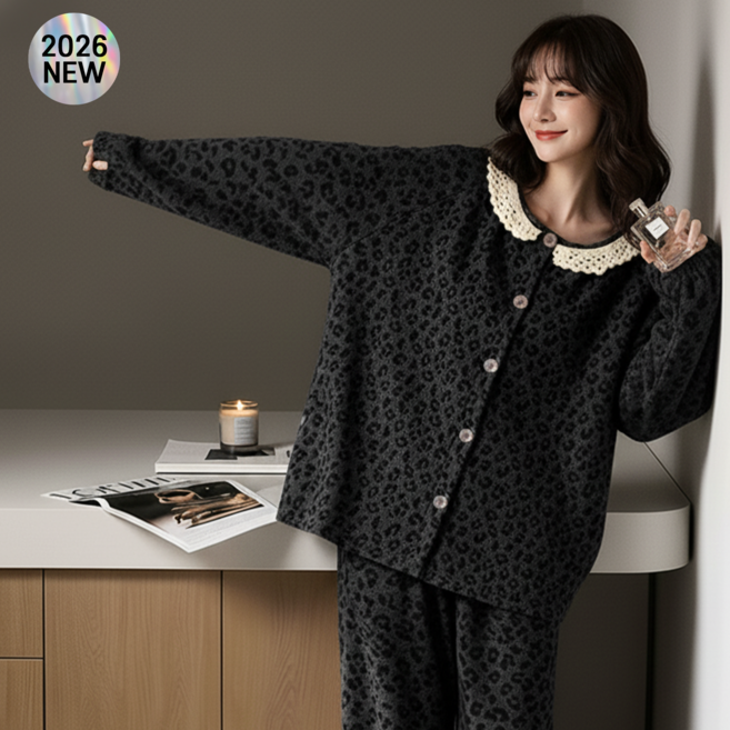 KEMEI 여성 잠옷 루즈핏 레오파드 파자마세트 프릴 긴팔 긴바지 홈웨어