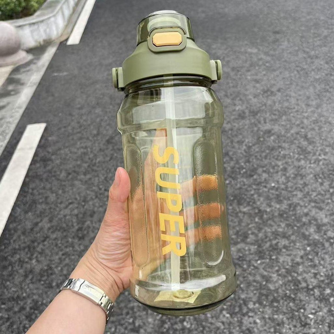 水杯 運動水杯 大容量健身夏季高顏值便攜耐高溫帶吸管戶外水壺, 1個, 綠色2000ML 安全鎖釦 ,杯子+吸管