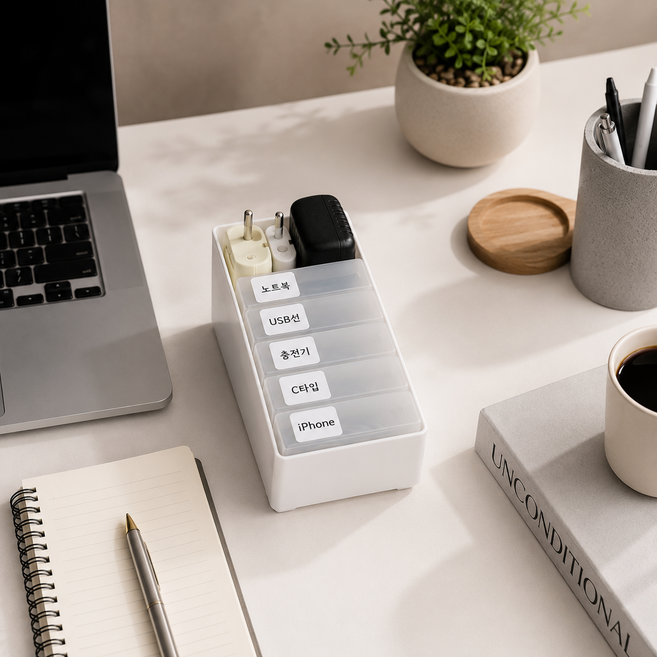 모자이코 라벨형 케이블 정리함 멀티 케이블 보관함 충전기 정리 박스 USB 전선 수납함, 화이트, 1개