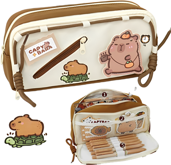 킵틸 귀염뽀짝 카피바라 분리 수납 정리형 필통 천소재 펜 파우치, 1개, 다크브라운