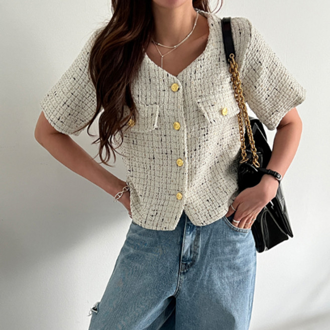 난닝구 여성용 오헨츠 트위드 반팔 자켓