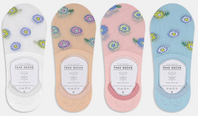 노마코 4켤레 1묶음(색상별) 여성 국산 모노 꽃필라나 하이드 덧신 망사덧신 페이크삭스 덧신양말 봄덧신 여름덧신