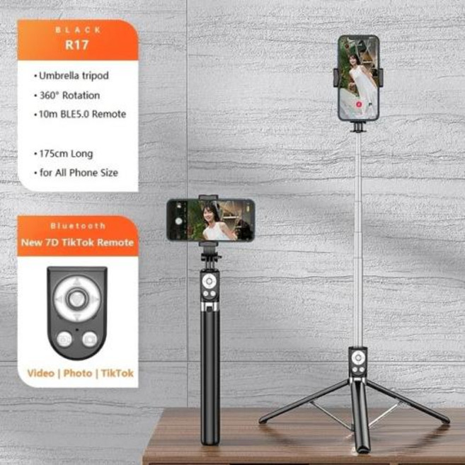 샤오미 R17 셀카봉 거치대 블루투스 삼각대 180cm 360 ° 회전 6 in 1 알루미늄 무선 리모컨 TikTok용 필 라이트 포함, 1) Black - R17, 1개