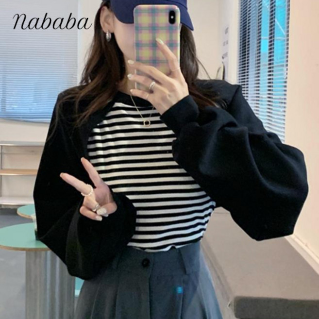 나바바 NT430 여성 레이어드 단가라 투인원 크롭 티셔츠