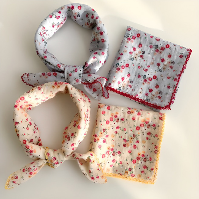 여성손수건 2종 세트 여자 순면 쁘띠 스카프 목수건 목스카프 잔꽃 플라워 순면 국내제작