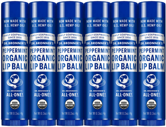 독일 닥터브러너스 유기농 립밤 x 6P 페퍼민트 밀랍 및 아보카도 오일 정제 호호바오일 선물 겨울철 건조, 4g
