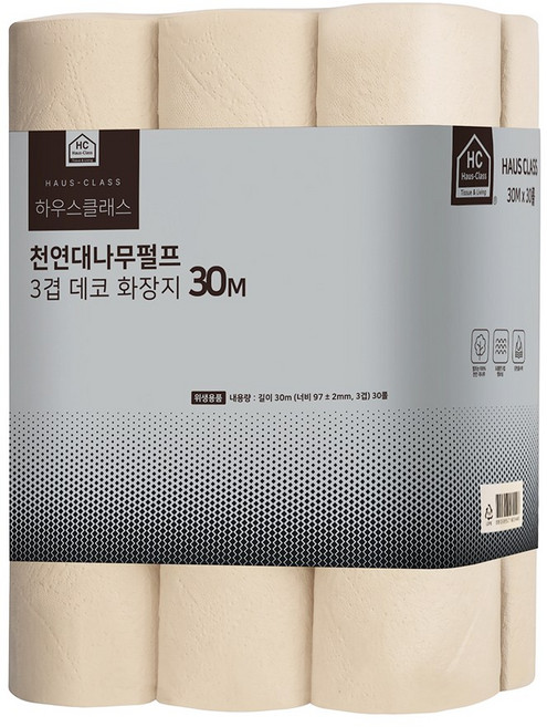 하우스클래스 대나무펄프 3겹 데코 고급 롤화장지, 30m, 30개입, 1개