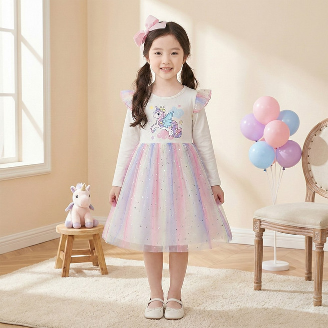 켈리미 26new신상 유니콘 무지개 샤 여아 긴팔 공주 원피스 드레스