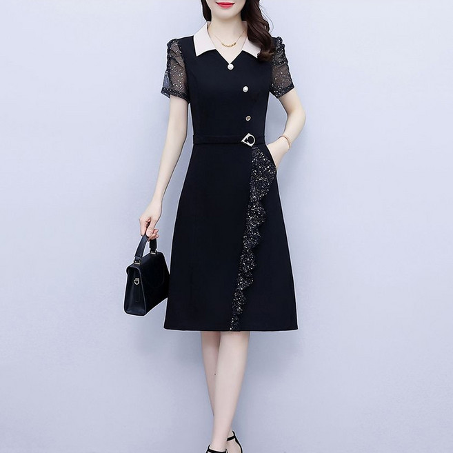 다중성 여성 빅사이즈 반팔 블라우스 브이넥 블랙 원피스