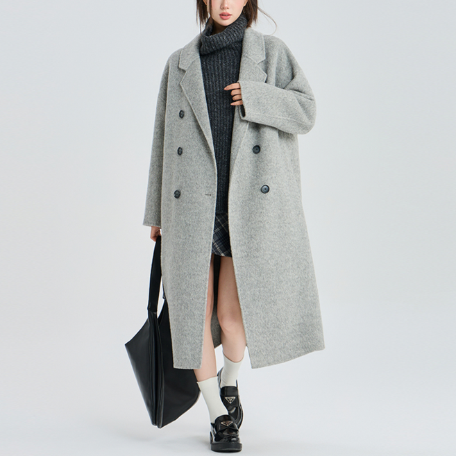 NUNUHANA 여성 가을 겨울 오버핏 롱 카라넥 모직 코트