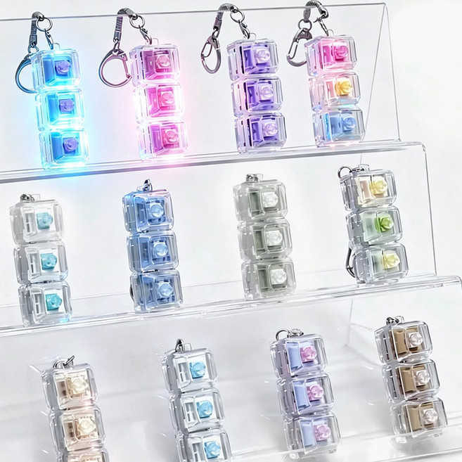 LED 키캡 키링 키보드 딸깍이 클리커 피젯토이 스트레스해소 불빛 열쇠고리, 2개, 투명 04