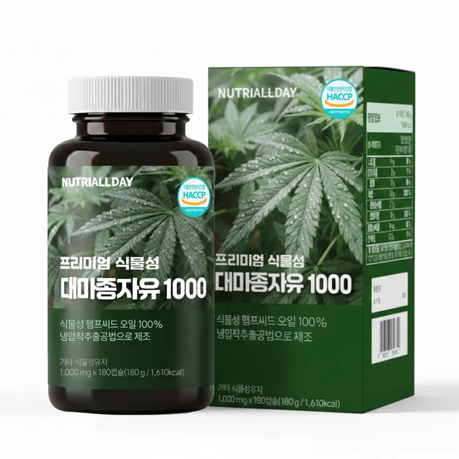 뉴트리올데이 프리미엄 식물성 대마종자유 냉압착 1000mg 180캡슐 6개월분, 1개, 180정 - 쿠팡