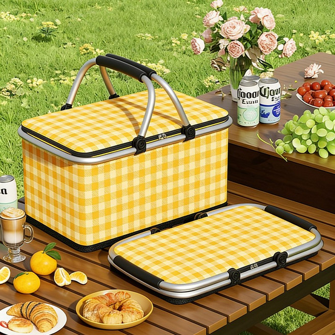 두꺼운 알루미늄 필름 대용량 아웃도어 보온박스 낚시용 박스 얼음 넣기 가능 접이식 단열 방습 냄새 없음 피크닉 필수 용기, 1개, 1단, 노란색 체크