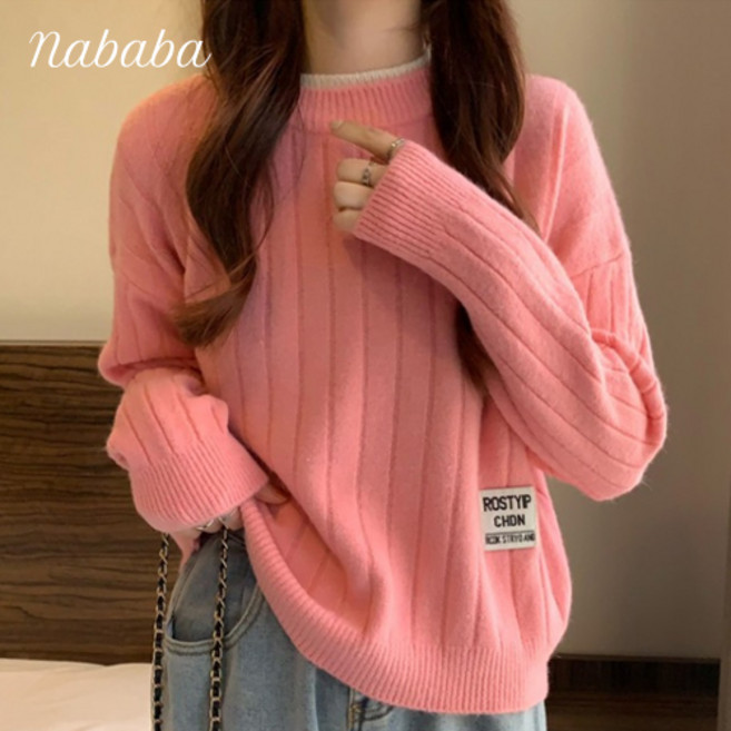 나바바 NK1861 여성 심플 데일리 골지 라운드넥 긴팔 니트