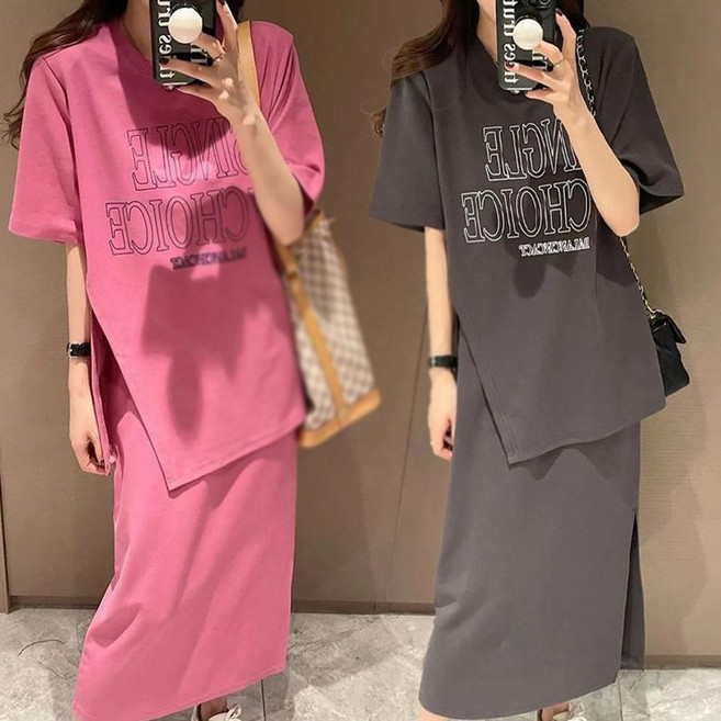 여름 상하세트 여성 라운드 트임 레터링 반팔 티셔츠 데일리 롱티 밴딩 롱스커트 투피스