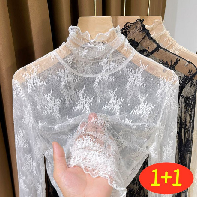 1+1얇은 목폴라 레이스 이너 니트 여성용 시스루 부드러운 편안한 데일리 상큼한 망사 상의