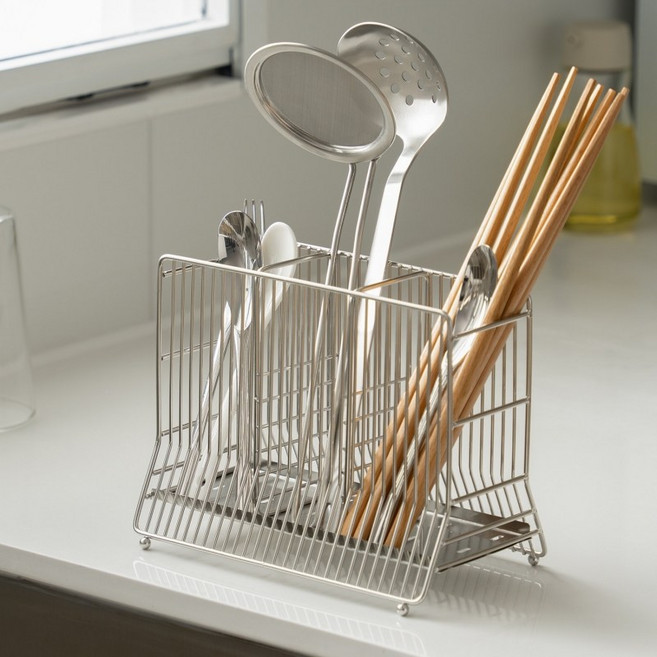 호밍사이 304 스텐 수저통 조리도구 정리함 주방 물빠짐 수저꽂이 3구, 1개, 실버