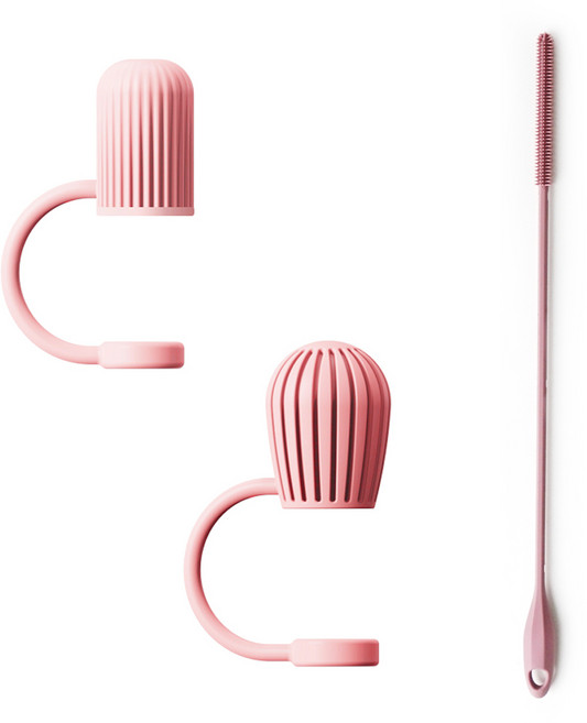 실리가든 스탠리 호환 텀블러 빨대 마개 2P + 실리콘 빨대 세척솔 1P, 1세트, 체리핑크