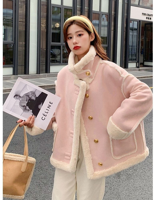 Ashysnow 여성 겨울 숏 사슴 무스탕 코트
