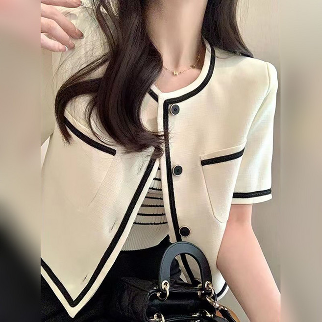 지고다그 여성용 배색 반팔 자켓 여름용 고급스러운 트위드 스타일 숏 아우터HH1286