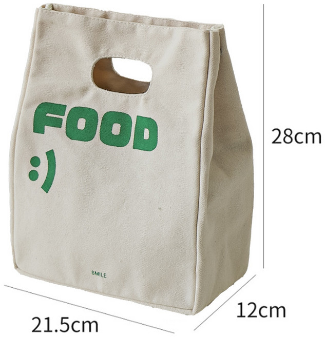 帆布日式簡約便當袋手提包餐包上班加大飯盒包保溫袋加厚鋁箔保鮮, 1個, 加厚升級鋁箔---白色綠笑臉