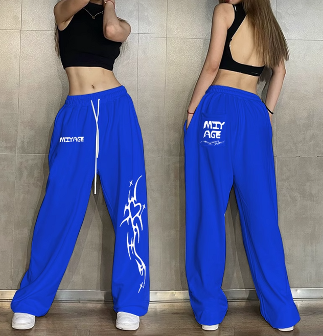 루트엑스 댄스복 MIYAGE 스트레이트 와이드 코튼 루즈핏 힙합 팬츠, 블루(고급원단)