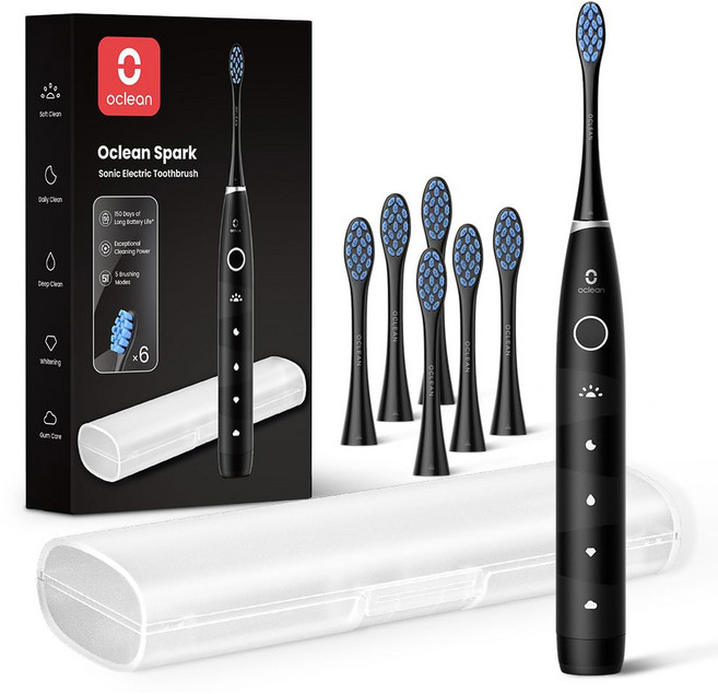 성인용 Oclean 전동 칫솔 150일 배터리 수명 브러시 헤드 6개 및 여행용 케이스 5가지, 블랙, 1개, 블랙