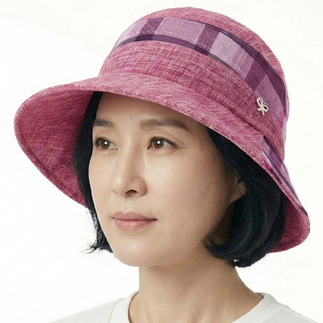 [국산] 베이직엠 중년 여성 여름모자 벙거지 챙와이어 망사 라운드 뒷사선 체크