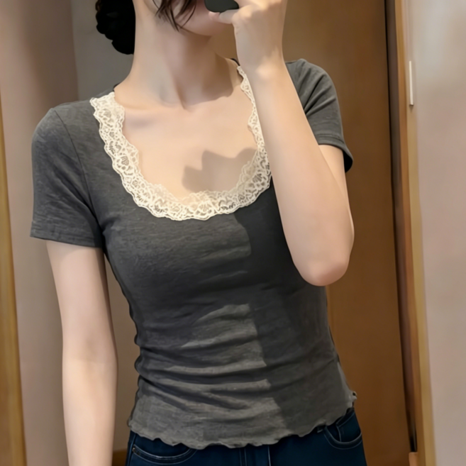 Makone 여성 반팔 티셔츠 여름 슬림핏 U넥 레이스 패치 데일리 럭셔리 반팔티