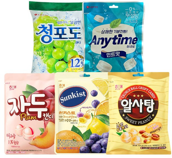 롯데 해태 사탕 모음 자두캔디+썬키스트캔디+알사탕+청포도캔디+애니타임, 1세트, 1.082kg