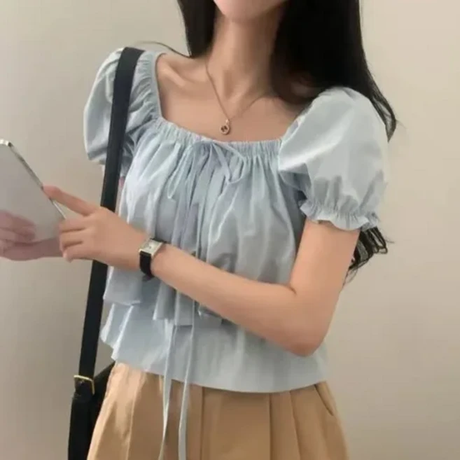 시크한 리본넥 스퀘어넥 더블 레이어드 러플 엣지 시폰 탑 버블 슬리브 디자인 스윗 반팔 미니 셔츠