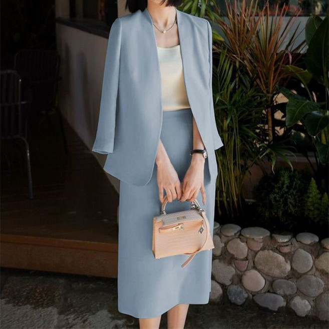 여성 봄여름 하객룩 수트 셋업 가벼운 노카라 자켓 롱스커트 투피스 정장