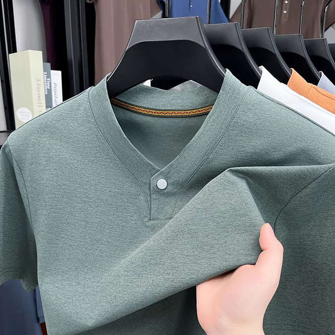 지고다그 중년 남성용 여름 반팔티 브이넥 단추 포인트 루즈핏 캐주얼 티셔츠 ZXC41824