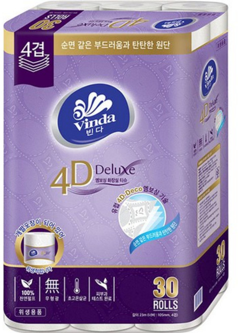 빈다 4D Deluxe 엠보싱 4겹 천연펄프 고급롤화장지, 23cm, 30개입, 1개
