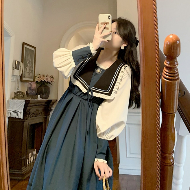 Yimiao Zhang 공주풍 세라복 스타일 개화기의상 경성의복 원피스, 네이비 그린