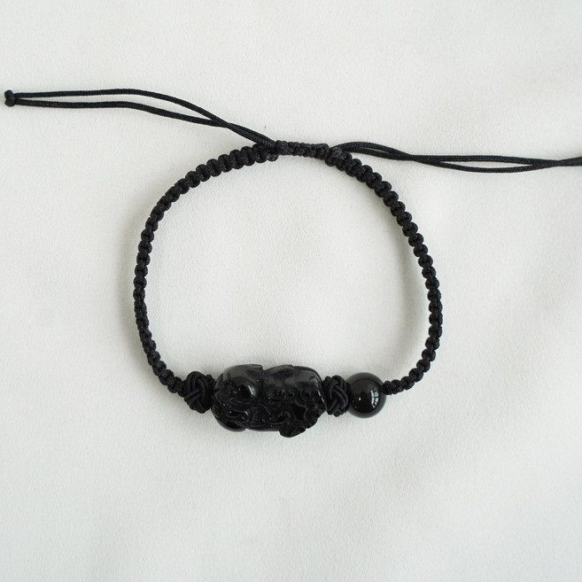 흑요석 비휴 실 팔찌 염주 전통 매듭 끈 은요석 원석 남자 여자 블랙, 짙은 검정, 1개