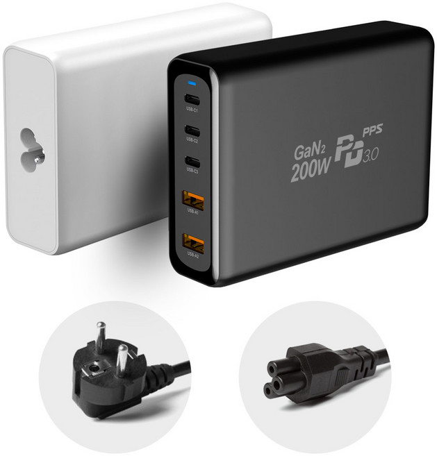 맥북 프로 갤럭시북 LG 그램 GAN2 접지 고속 충전기 어댑터 5포트 200W, 1개